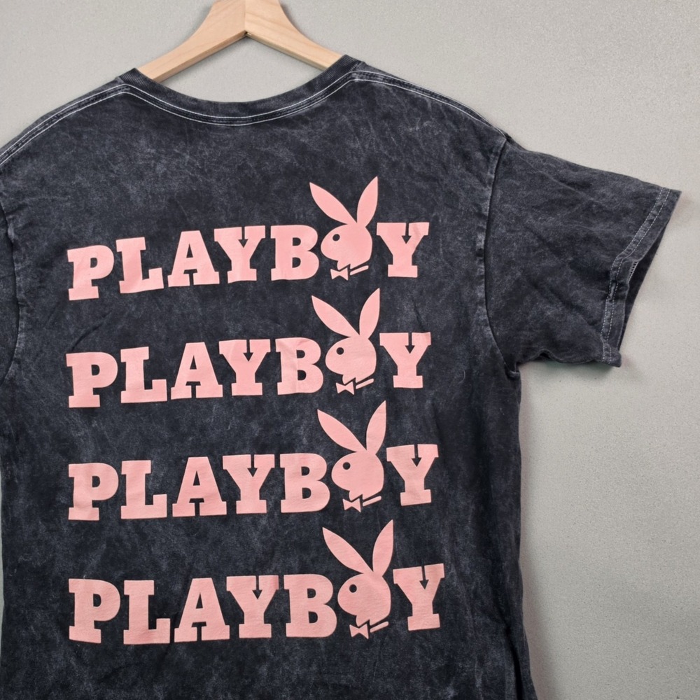 Playboy Magazine Shirt Men Large Black Acid Stone Wash Pink Bunny Spell Out Logo